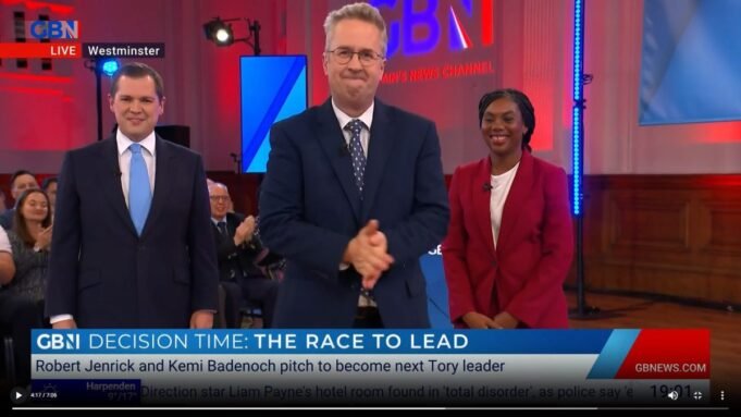 GB News Tory leadership debate Robert Jenrick Christopher Hope - GB News Kemi Badenoch Grab from GB News https://www.gbnews.com/watch/live?ico=header_live_button