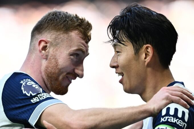 LONDON, ENGLAND - OCTOBER 19: Son Heung-min of Tottenham Hotspur FC celebrate with Dejan Kulusevski after scoring goal during the Premier League match between Tottenham Hotspur FC and West Ham United FC at Tottenham Hotspur Stadium on October 19, 2024 in London, England. (Photo by Sebastian Frej/MB Media/Getty Images)