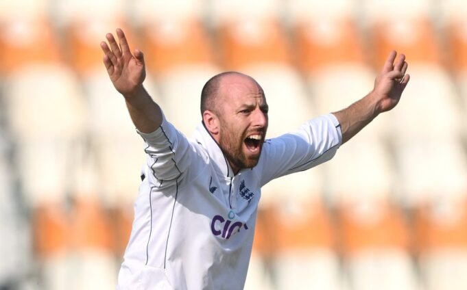 MULTAN, PAKISTAN - OCTOBER 17: England bowler Jack Leach appeals for the wicket of Saud Shakeel which is given out after review during day three of the Second Test Match between Pakistan and England at Multan Cricket Stadium on October 17, 2024 in Multan, Pakistan. (Photo by Stu Forster/Getty Images)