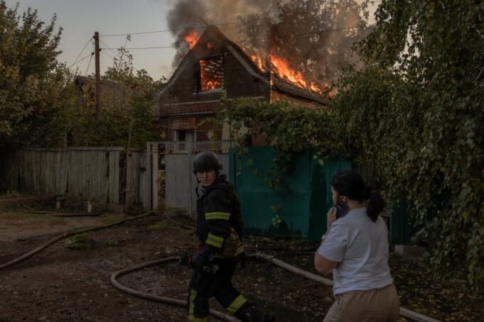 Ukrainian firefighters try to extinguish the fire in a house following an air attack, in Kostyantynivka, eastern Donetsk region, on October 5, 2024, amid the Russian invasion of Ukraine. (Photo by Roman PILIPEY / AFP) (Photo by ROMAN PILIPEY/AFP via Getty Images)