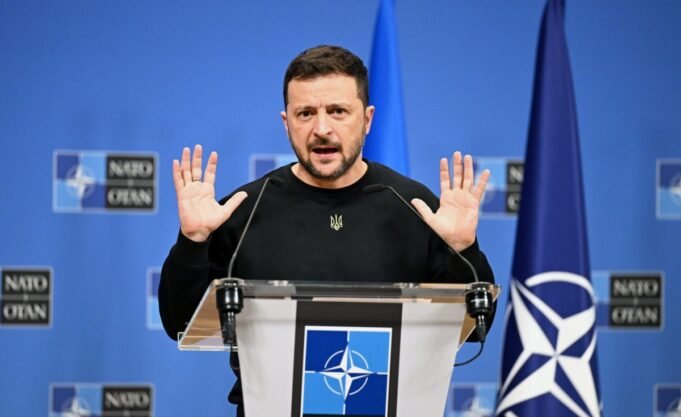 BRUSSELS, BELGIUM - OCTOBER 17: Ukraine's President Volodymyr Zelenskyy reacts during a joint press conference with NATO Secretary General Mark Rutte (not seen) at the NATO headquarters in Brussels, Belgium on October 17, 2024. (Photo by Dursun Aydemir/Anadolu via Getty Images)